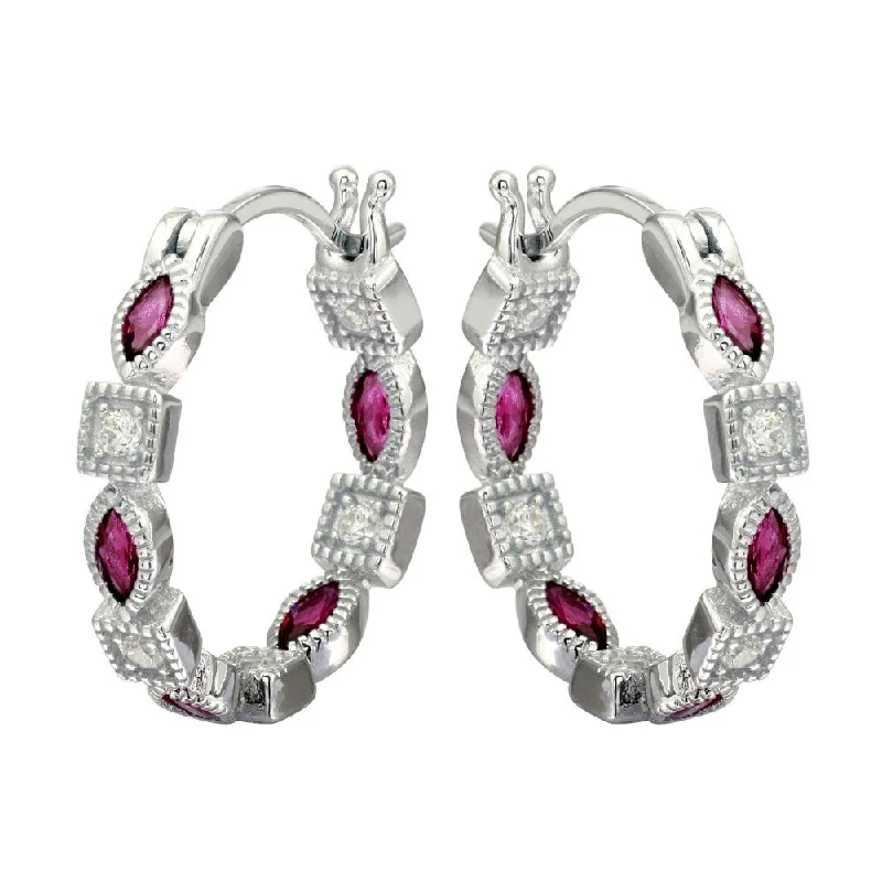 Rhodium Plated 925 Sterling Silver Inner and Outer Red Clear CZ Hoop Earrings - STE01122RED