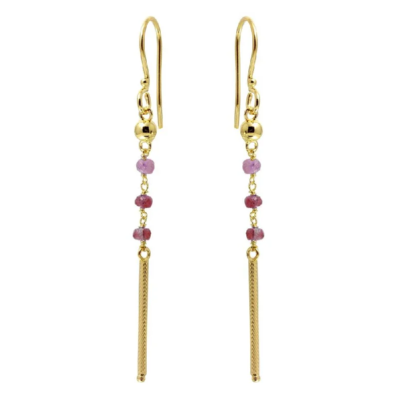 Gold Plated 925 Sterling Silver Dangling 3 Dark Red Bead with Matte Gold Bar Earrings - DIE00009GP-GR