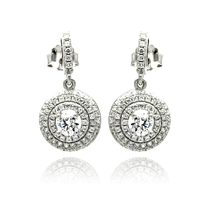 Silver 925 Rhodium Plated Micro Pave Clear Round CZ Dangling Stud Earrings - ACE00072