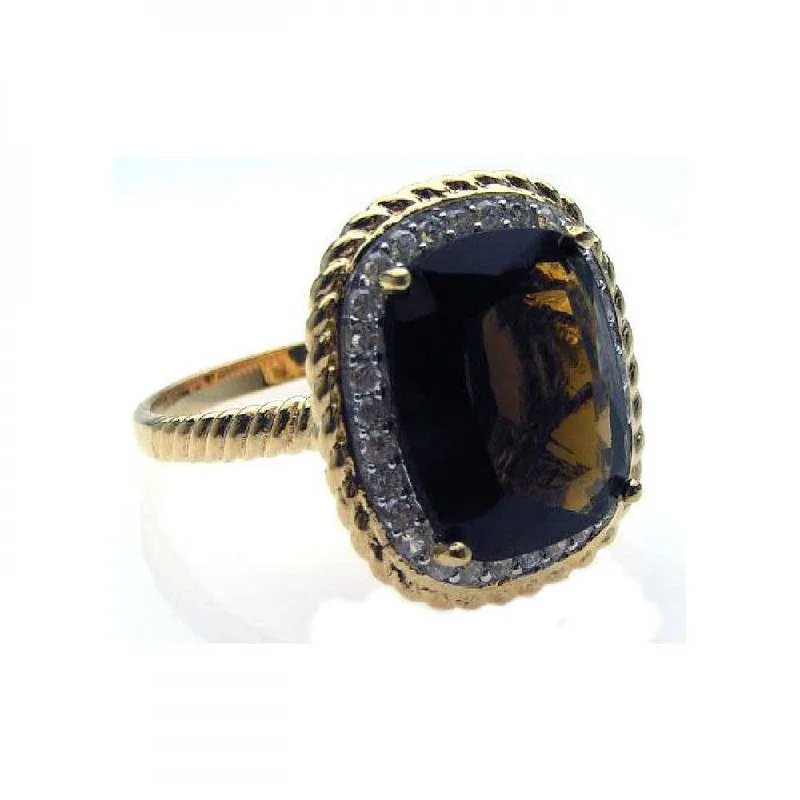 Clearance-Silver 925 Rhodium and Gold Plated Plated Brown Center and Clear Cluster CZ Ring - STR00503