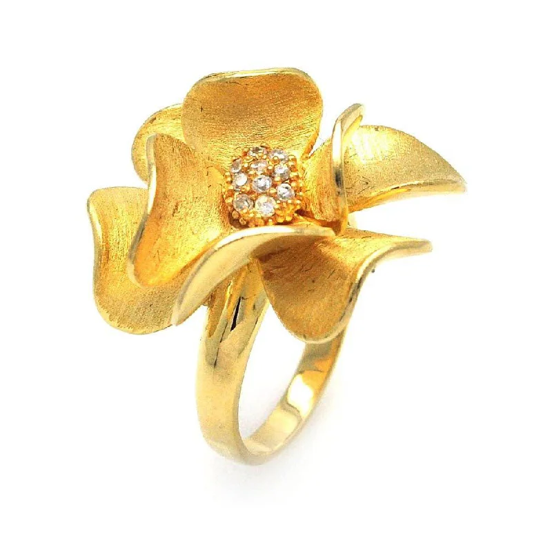 Clearance-Silver 925 Gold Plated CZ Flower Ring - STR00576