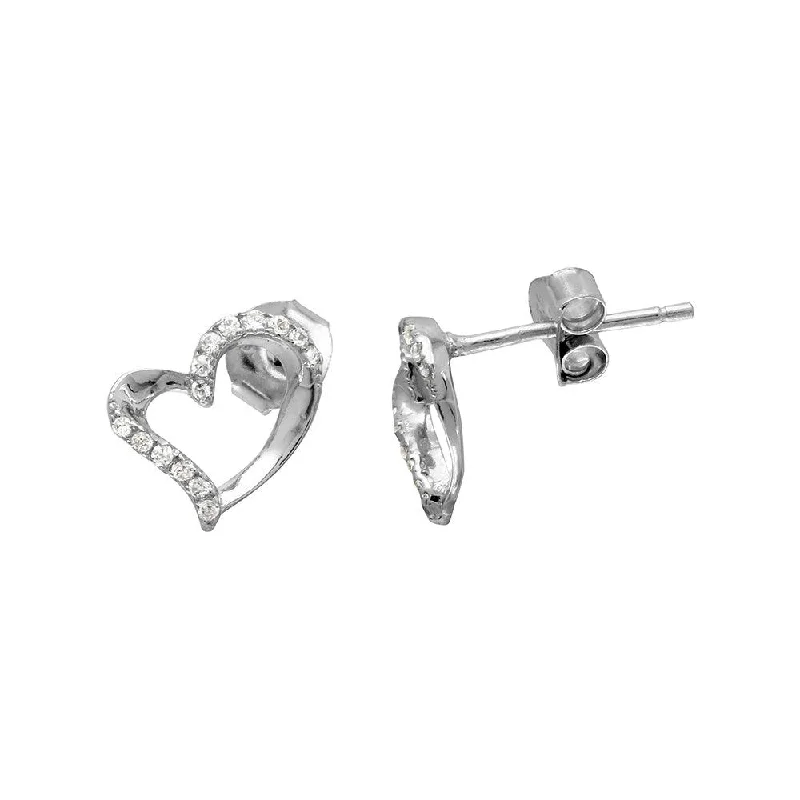 Rhodium Plated 925 Sterling Silver Open Sideways CZ Heart Stud Earrings - BGE00510