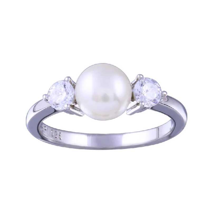 Rhodium Plated 925 Sterling Silver Freshwater Pearl with Clear CZ Ring - STR01159