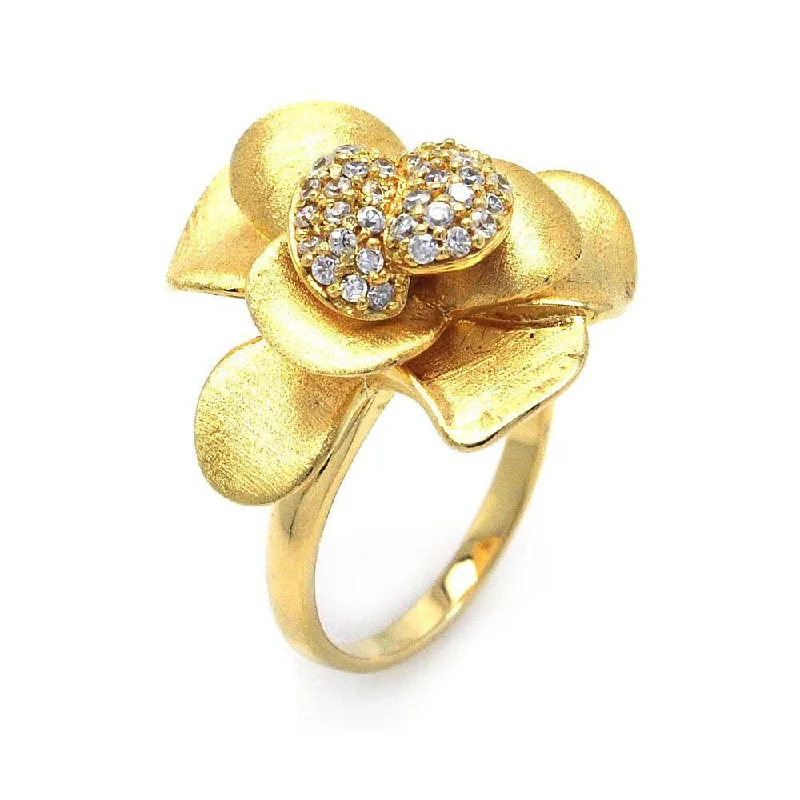 Clearance-Silver 925 Gold Plated Pave Set CZ Flower Ring - STR00575