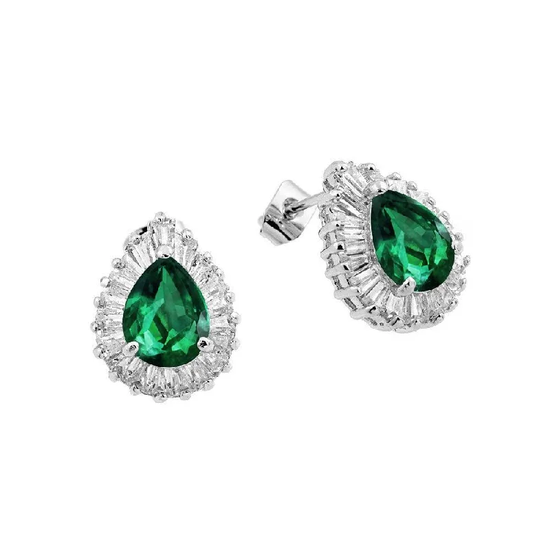 Silver 925 Rhodium Plated Clear and Green Teardrop Baguette CZ Stud Earrings - BGE00338