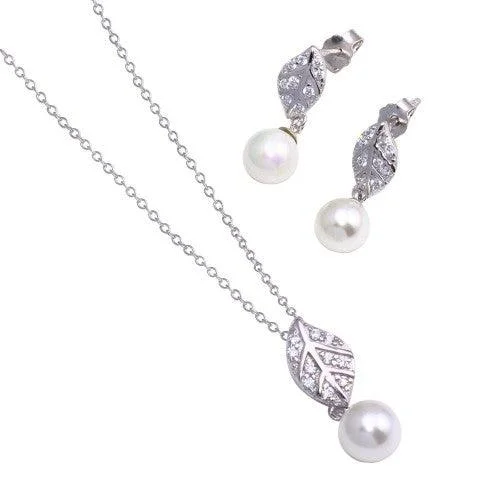 Silver 925 Rhodium Plated Leaf CZ Hanging Dangling Pearl Stud Earring and Necklace Set - STS00478