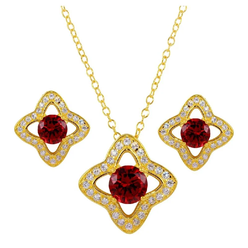 Gold Plated 925 Sterling Silver Clover Cross with CZ and Red Stone Earring and Necklace Set - BGS00523RED