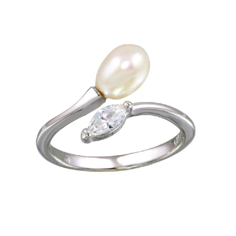 Rhodium Plated 925 Sterling Silver Ring with Pearl and CZ - BGR01129