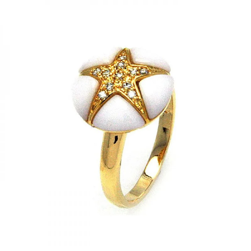 Clearance-Silver 925 Gold Plated White Onyx Clear CZ Starfish Ring - BGR00300