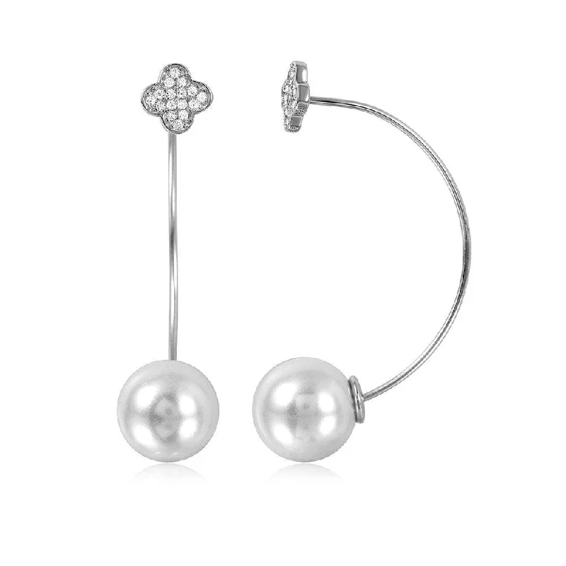 Sterling Silver Rhodium Plated Clover Earring with Hanging Synthetic Pearl - STE01048