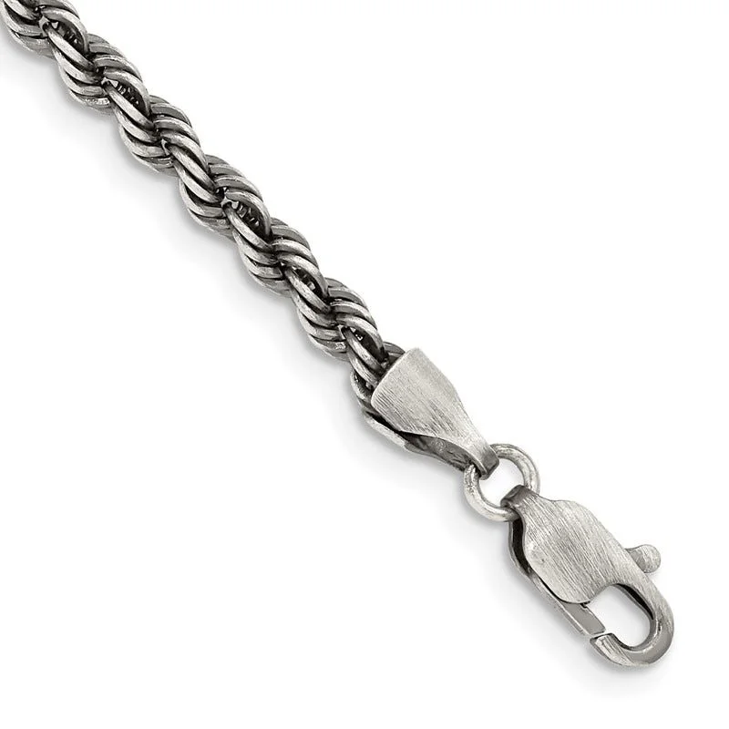 Sterling Silver Ruthenium-plated 3mm Rope Chain Bracelet