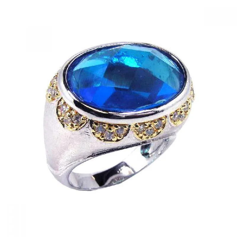 Clearance-Silver 925 Rhodium and Gold Plated Blue and Clear CZ Dome Ring - STR00323