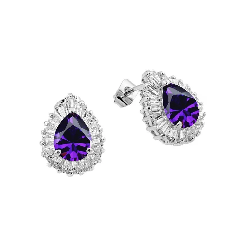 Silver 925 Rhodium Plated Teardrop Purple Baguette Clear CZ Stud Earrings - BGE00336