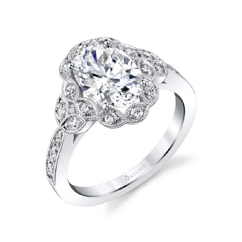 Sylvie Collection 14K White Gold Oval Halo Engagement Ring Setting W. 1.50Ct Oval/Flower Halo 14K WG