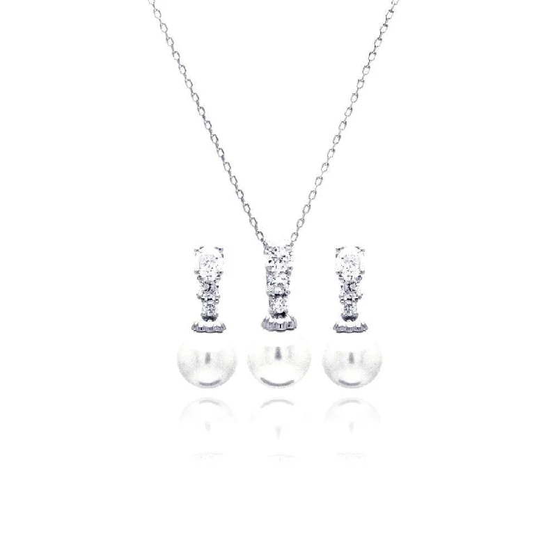 Silver 925 Rhodium Plated Pearl Clear CZ Hanging Stud Earring and Necklace Set - BGS00230