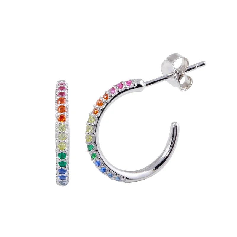 Rhodium Plated 925 Sterling Silver CZ Rainbow Semi Hoop Earrings - BGE00608