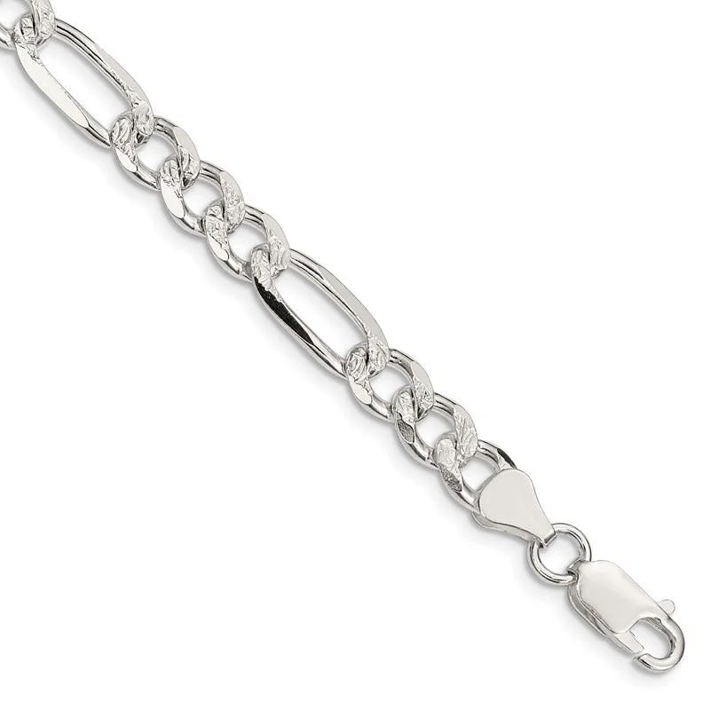 Sterling Silver 7.25mm Pave Flat Figaro Chain Bracelet