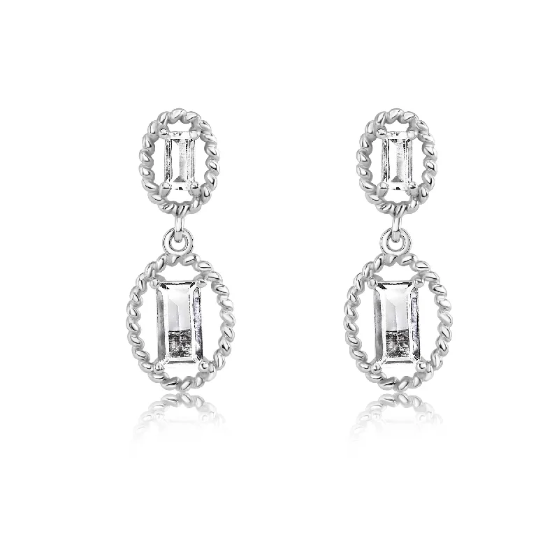 Rhodium Plated 925 Sterling Silver Dangling Baguette CZ Stud Earrings - BGE00748