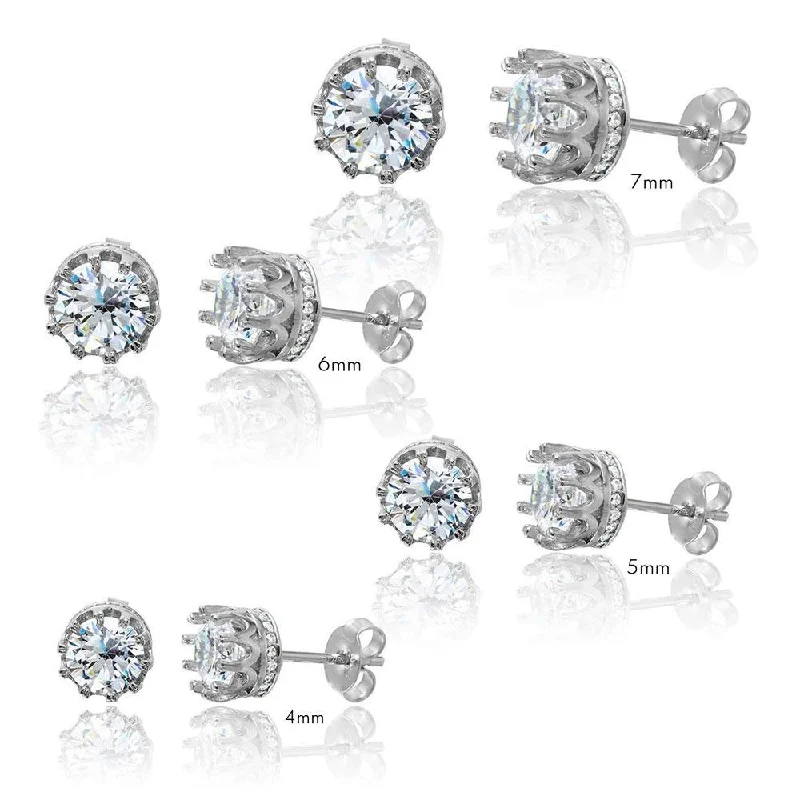 Rhodium Plated 925 Sterling Silver Round Crown Basket Clear CZ Stud Earrings - AAE00011