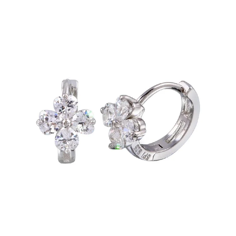 Rhodium Plated 925 Sterling Silver Flower CZ huggie hoop Earring - STE01245