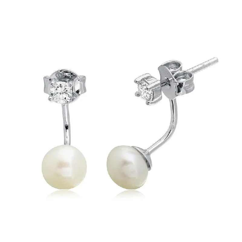 High Polished 925 Sterling Silver CZ Earrings with Hanging Fresh Water Pearls - BGE00473SP