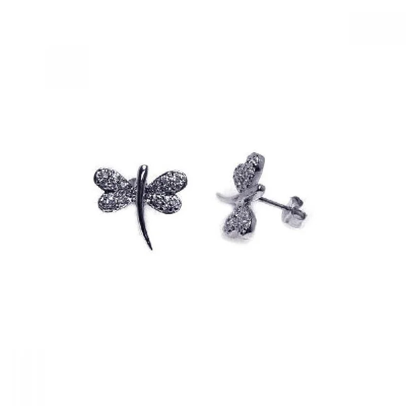 Silver 925 Rhodium Plated CZ Dragonfly Stud Earrings - STE00049