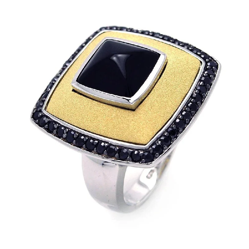 Clearance-Silver 925 Rhodium Black Rhodium and Gold Plated 3 Toned Black CZ Square Ring - BGR00273