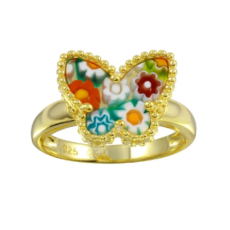 Gold Plated 925 Sterling Silver Butterfly Murano Glass Beaded Design Ring - MR00012