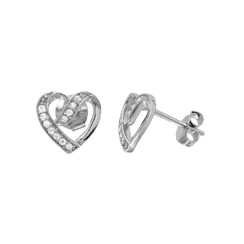 Rhodium Plated 925 Sterling Silver CZ Open Overlap Heart Stud Earrings - BGE00503