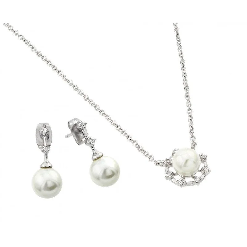 Silver 925 Rhodium Plated Pearl Drop Clear CZ Hanging Stud Earring and Necklace Set - BGS00451