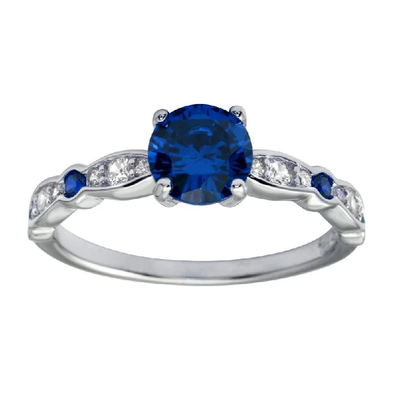 Rhodium Plated 925 Sterling Silver Blue Center CZ Stone Ring - BGR01191BLU