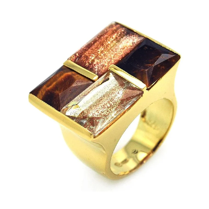 Clearance-Silver 925 Gold Plated Multi Colored Stone Square Ring - BGR00267