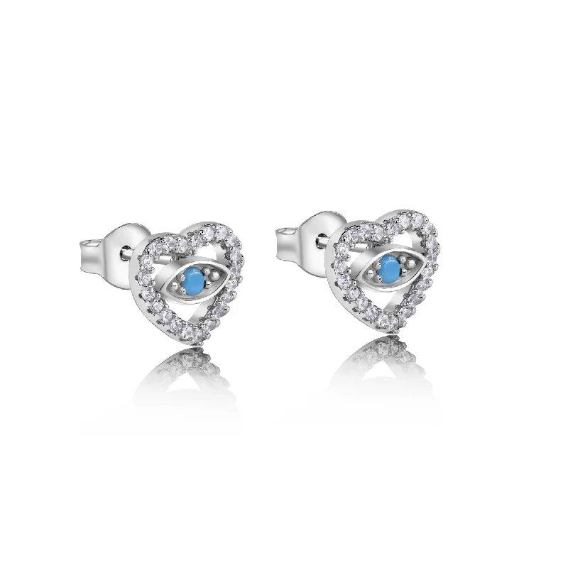 Rhodium Plated 925 Sterling Silver Evil Eye Heart Clear CZ Stud Earrings - BGE00750