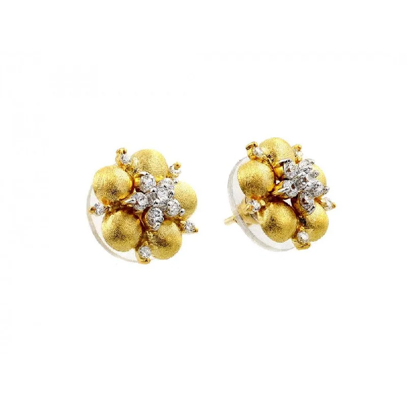 Silver 925 Gold Plated Flower Center Clear CZ Stud Earrings - BGE00116