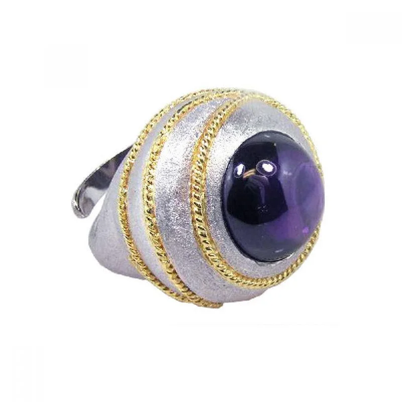 Clearance-Silver 925 Rhodium With Gold Plated Rope Purple Amethyst Dome Ring - STR00309