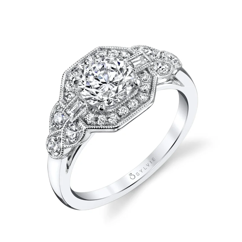 Sylvie Collection 14K White Gold Round Engagement Ring Setting W. 1Ct Round Head 14K White Gold