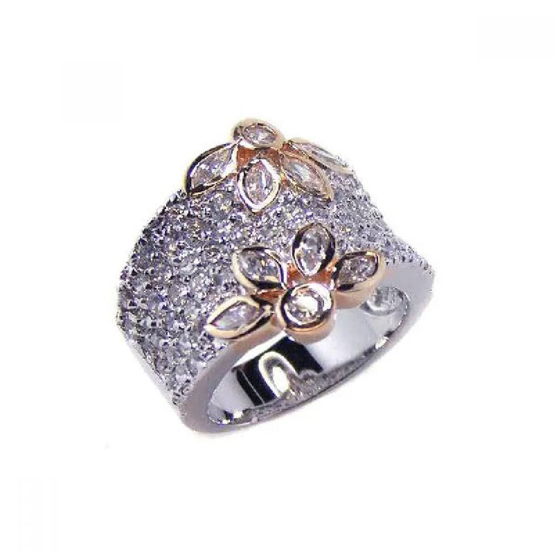 Clearance-Silver 925 Rhodium and Gold Plated Clear Pave Set CZ Flower Ring - BGR00041