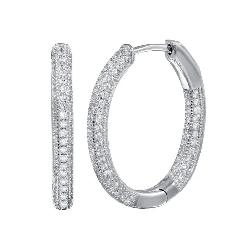 Rhodium Plated 925 Sterling Silver Inside Out CZ Oval Hoop Vault Lock Earring - STE01240