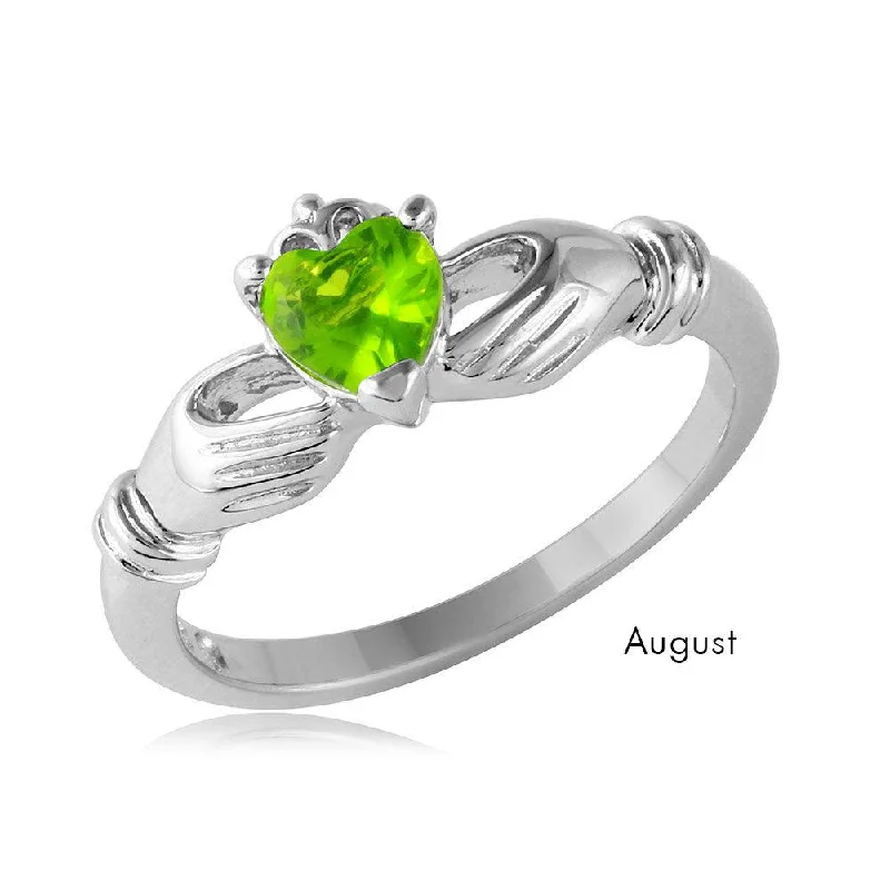 August Sterling Silver 925 Rhodium Plated CZ Center Birthstone Claddagh Ring - BGR01083AUG