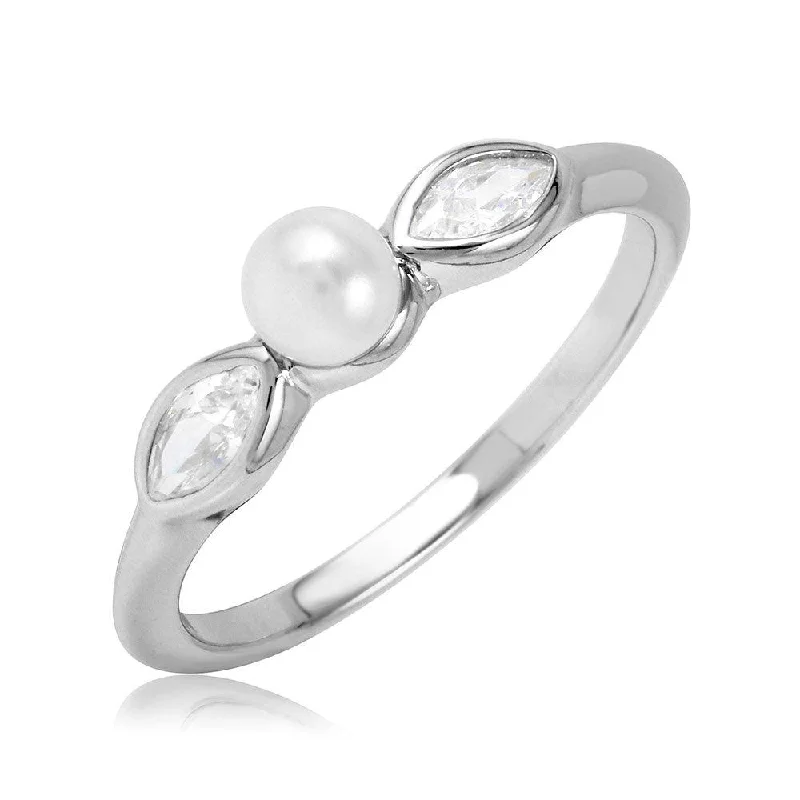 Silver 925 Rhodium Plated Cats Eye CZ Synthetic Pearl Center Stone Ring - BGR01078