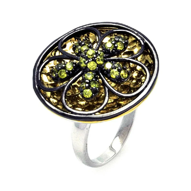 Clearance-Silver 925 Rhodium Black Rhodium and Gold Plated Black and Yellow CZ Flower Disc Ring - STR00862