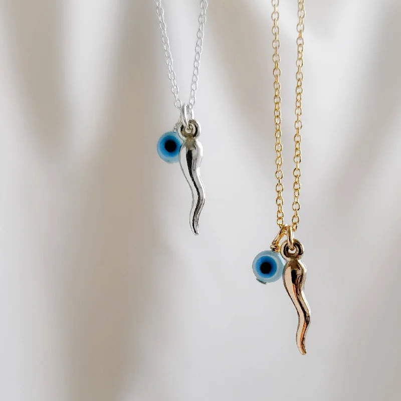 Tiny Italian Horn & Evil Eye Necklace