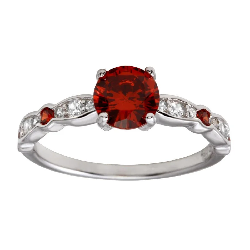 Rhodium Plated 925 Sterling Silver Red Center Stone CZ Ring - BGR01191RED