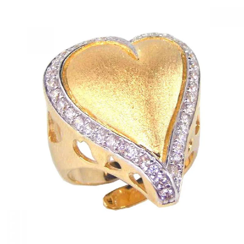 Clearance-Silver 925 Gold Plated Clear CZ Heart Ring - STR00373