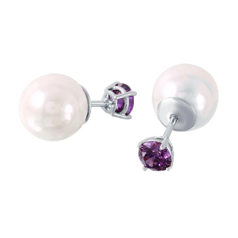 Rhodium Plated 925 Sterling Silver Faux Pearl Purple CZ Front and Back Earring - STE00984FEB