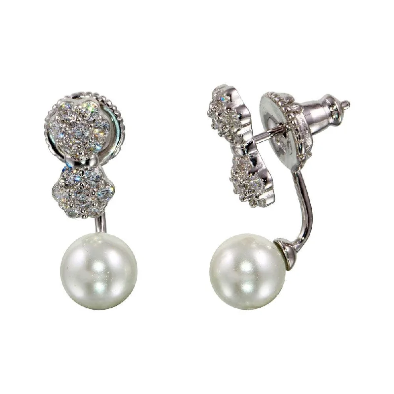 Rhodium Plated 925 Sterling Silver CZ Flowers Pearl Drop Front and Back Earrings - BGE00564