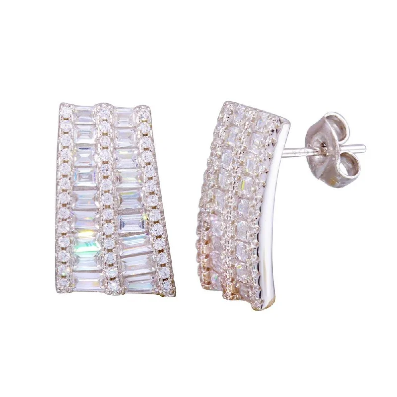 Rhodium Plated 925 Sterling Silver Baguette and CZ Stud Earrings - STE01192