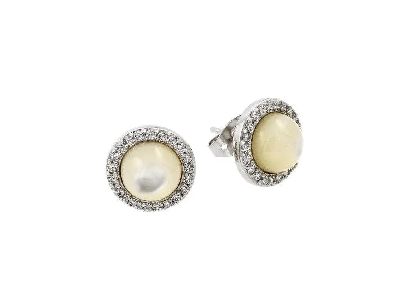 Silver 925 Rhodium Plated Round CZ Outline Center Pearl Stud Earrings - BGE00410RHD