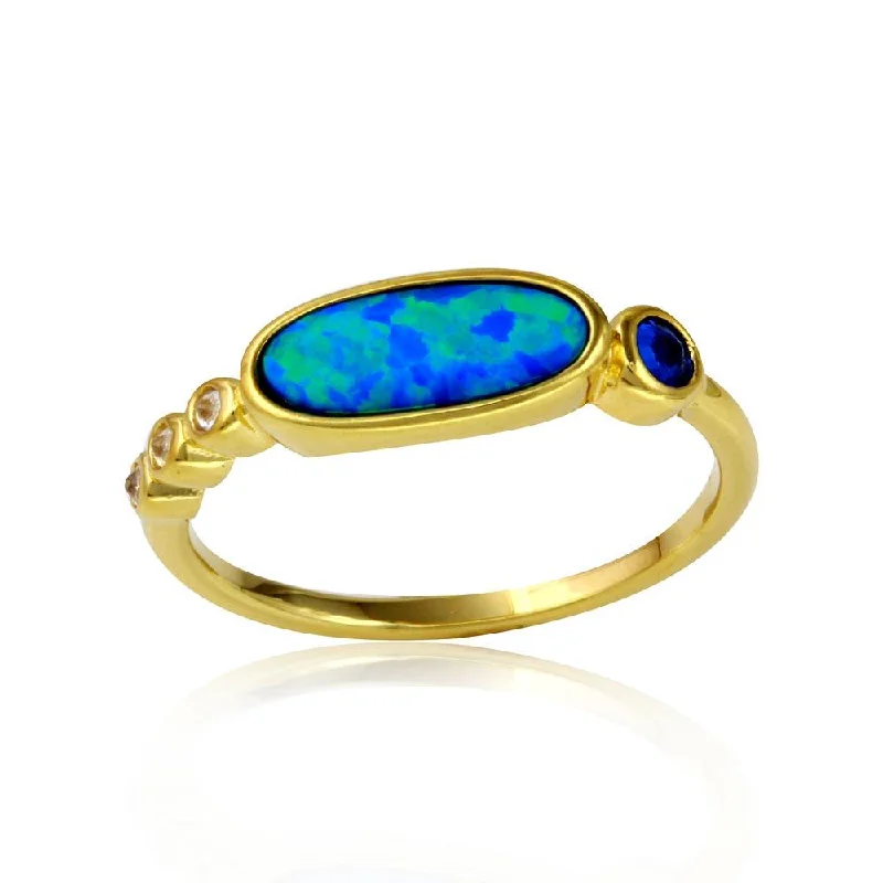 Gold Plated 925 Sterling Silver Blue Opal Ring with Blue and Clear Round CZ - BGR01117