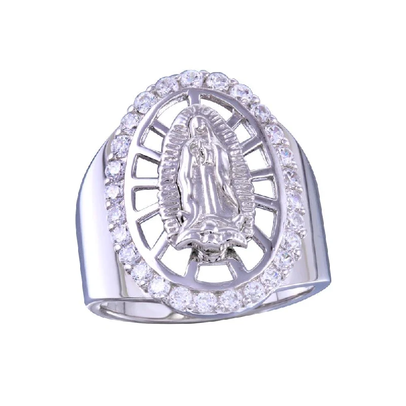 Rhodium Plated 925 Sterling Silver Oval CZ Lady of Guadalupe Center Ring - GMR00256RH